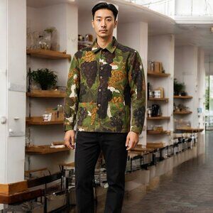 Flan Lab Printed Denim Jacket Mens XXL 2XL Green Grapes Floral Button Up New